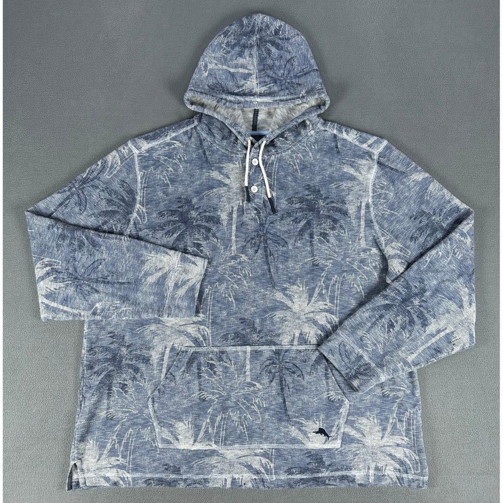 Tommy Bahama Henley Hoodie 2XL Blue Palm Floral Jacquard Textured Beach Surfer